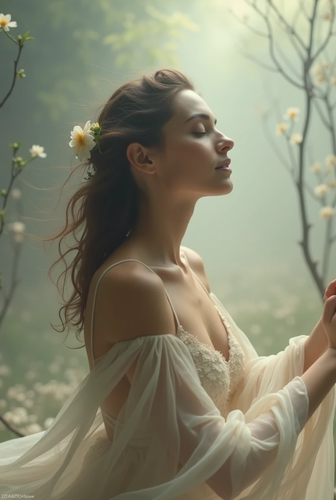 mulher, semblante calmo, no lugar do peito, We have flowers coming out of your heart. Iluminador, transformative and magical, encantador, Ethereal. misterioso, espiritual e comovente. criar uma atmosfera de profundidade espiritual. fundo, thought-provoking and philosophical, Valuable life lessons learned