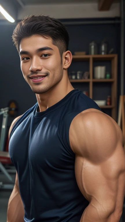 ((Highest quality, 8K, Masterpiece: 1.3))、Thailand Laos Burma Asia, Thai man, A handsome Asian rugby player with short hair, a muscular beard, and big muscles., １A man who has、 yo、Good appearance、Beautiful nose、smile、 Detailed eyes and face、beautiful light、(studio)、high resolution、（Look at the vieFine mouth、smile、whole body: 1.5, perfect shape: 1.3, Picture of both shoulders:1.3, Navy blue round neck t-shirt:1.5