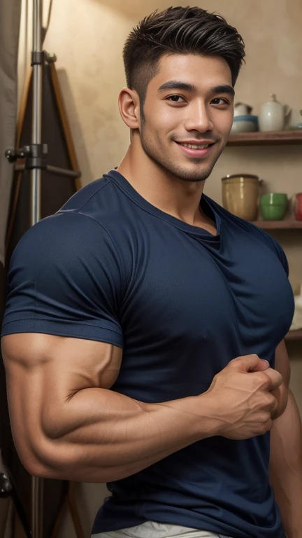 ((Highest quality, 8K, Masterpiece: 1.3))、Thailand Laos Burma Asia, Thai man, A handsome Asian rugby player with short hair, a muscular beard, and big muscles., １A man who has、 yo、Good appearance、Beautiful nose、smile、 Detailed eyes and face、beautiful light、(studio)、high resolution、（Look at the vieFine mouth、smile、whole body: 1.5, perfect shape: 1.3, Picture of both shoulders:1.3, Navy blue round neck t-shirt:1.5