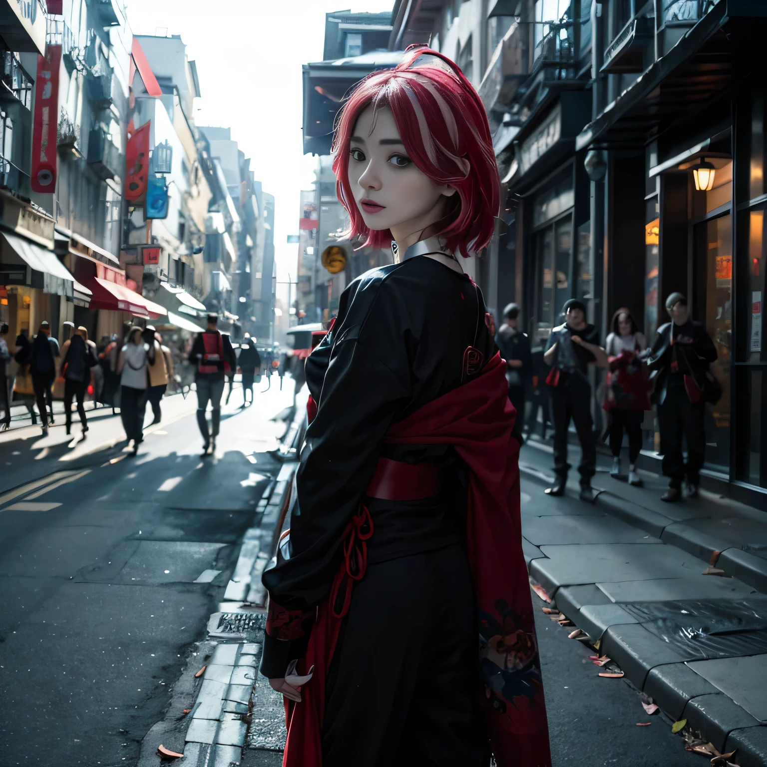 solo, Kureiji ollie, 1girl, street, blue, 30 years old, pose, ninja suit, black red suit, shock expression, glaring eyes