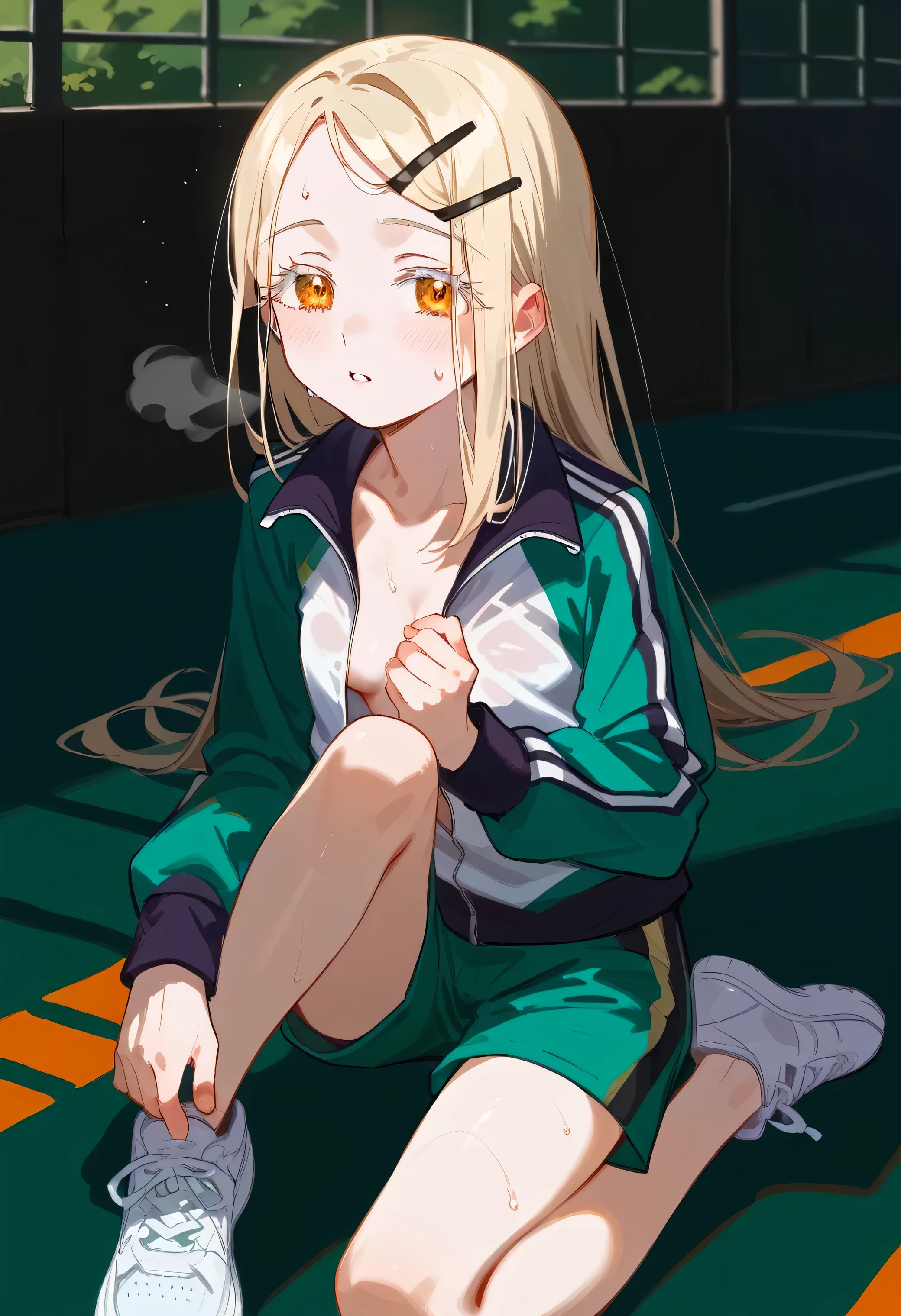 nsfw,Best Quality, masterpiece, No correction, Beark, Hiro Gym,shinosawa hiro,thin,Orange eyes,White eyelashes,Blonde,Long Hair,Hair Clip,Track jacket,Green shorts,(Open clothes),(Short pants),White sneakers, A lot of sweat on the head, Heavy breathing, Head Focus, Transparent sneakers, Open shirt,