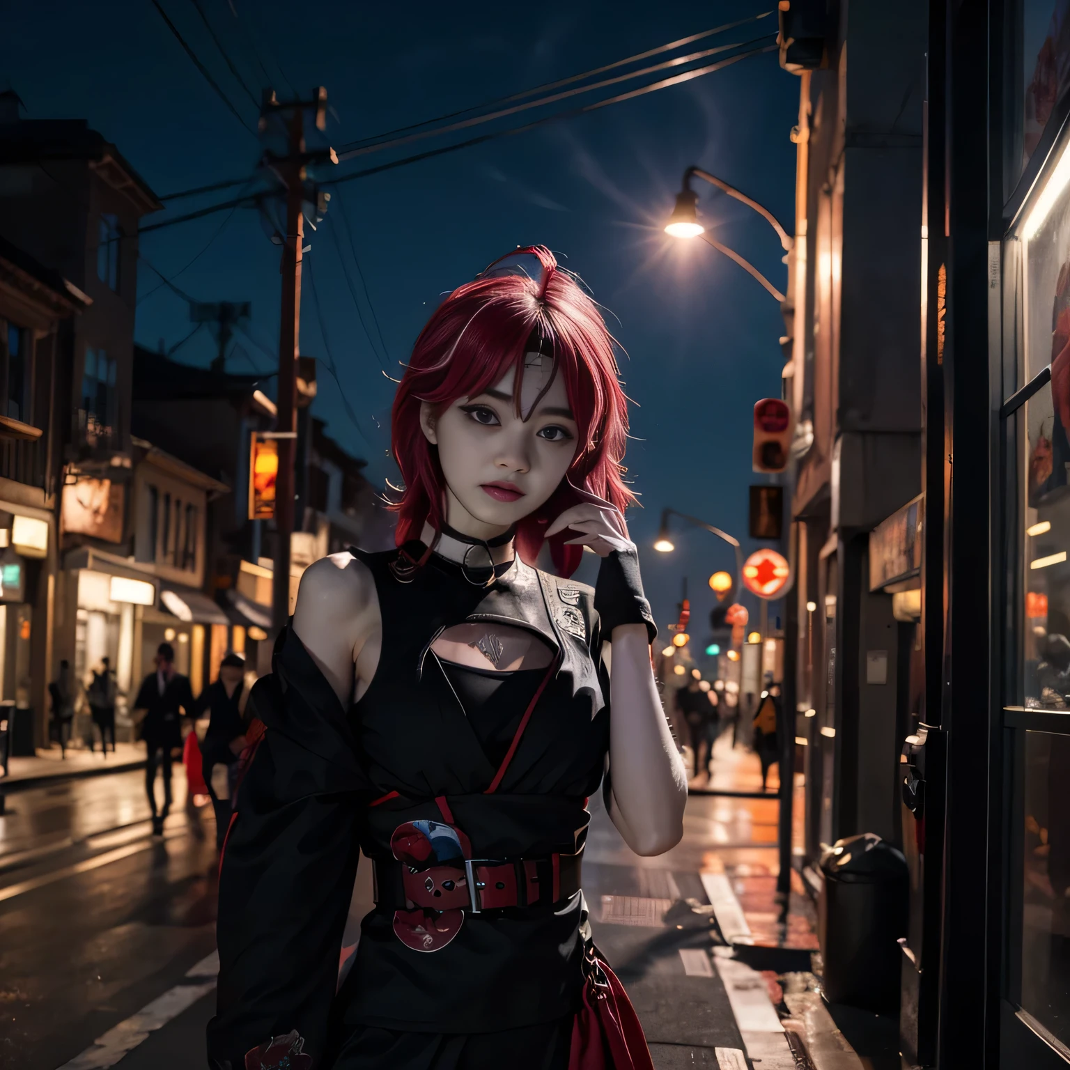 solo, Kureiji ollie, 1girl, street, blue, 30 years old, pose, ninja suit, black red suit, shock expression, glaring eyes, HDR, 8K, UHD Quality.