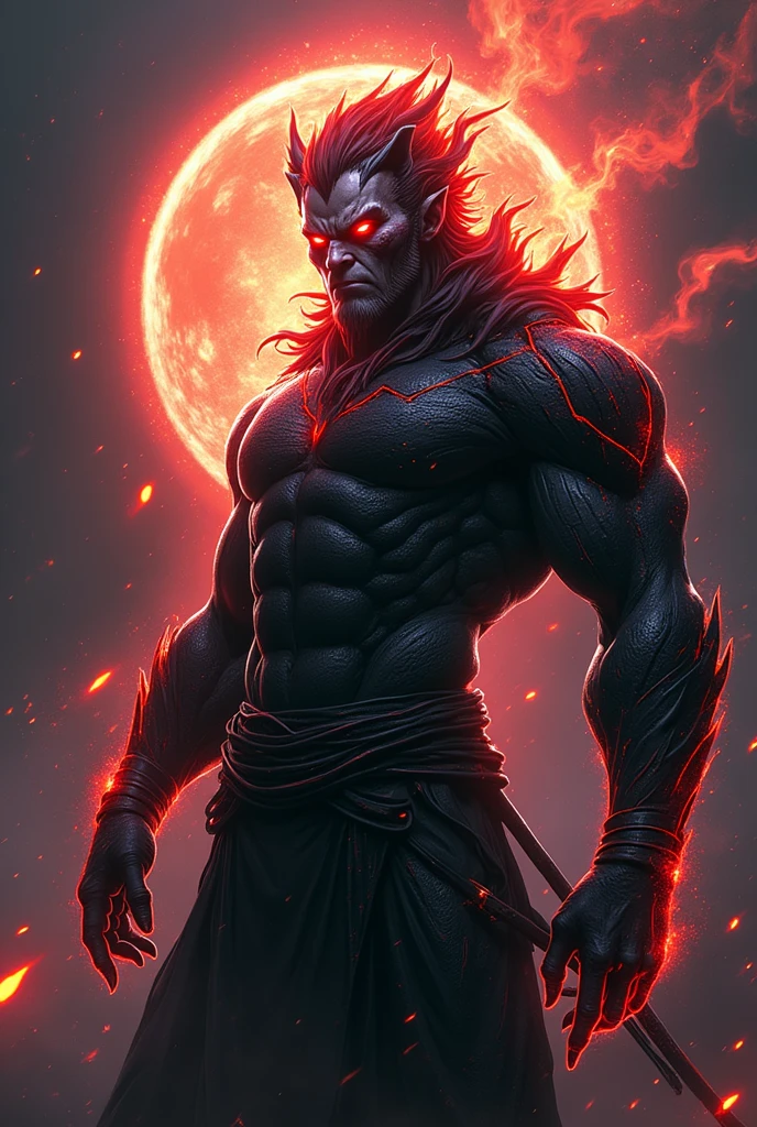 A man is surrounded by a pulsating, turbulent black aura. The aura has an ethereal appearance and wavers around the character as if made of liquid shadows.. The warrior's body is highlighted and a skin that seems to emit a dark glow. Your eyes shine with an intense color, like red or purple, highlighting his ability to see in the dark. The surrounding environment seems distorted by dark energy, giving a sense of uncontrollable power and imminent threat.