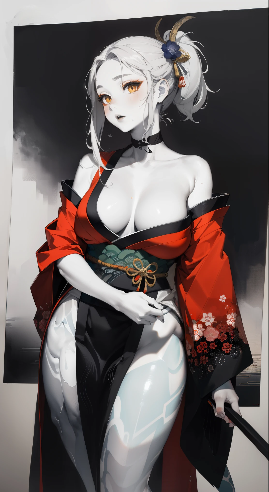 Wait warrior sexy, pretty face, Delicious Company, Alluring figure, Wearing a sexy open kimono. The artwork is created in a medium reminiscent of Japanese ink paintings....., Features bold brushstrokes and a Monochromatic color palette. artist'Masterful technique reveals the intensity and power of the image'sense of presence,with the highest quality, Perfectly capture every detail with ultra-high resolution. Textures and intricate patterns on kimonos are rendered with extreme precision. Lighting is carefully designed,Enhance drama, Features deep shadows and subtle highlights. general, The artwork exudes elegance and power, Combining traditional Japanese aesthetics with a modern feel. Monochromatic color palette, Combine details, Create captivating and immersive experiences for your audience,obra maestra, Sudoroso, Congestión congestionada, Puedo ver el valle, Serpiente grande, serpiente con cuerpo como Tentáculos, atrapada por la serpiente, Presión apasionada (((Bobina de pitón gigante, Presión apasionada, ))), bobina,((Joven está envuelto alrededor de una pitón gigante)), Envuelto en, Asfixia, Expresión dolorosa, Ojos giratorios, Ojos confundidos, Ojos hacia arriba, ahegao, Cara de éxtasis, Pechos enormes,