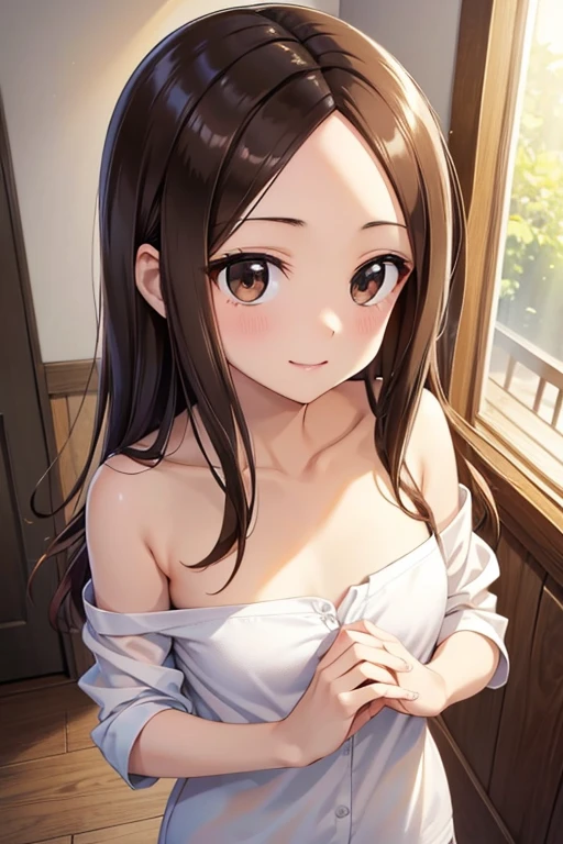 NSFW　(４ｋquality, 最高quality, Takagi１, Brown eyes, length_hair, Ultra-small_chest,）Super blushing　Embarrassed face　Blue Bikini　　１６Year　Sexy pose　Fascinating　　Beautiful Abs　　Mood lighting　Atmosphere in the bedroom　　topless　Completely naked