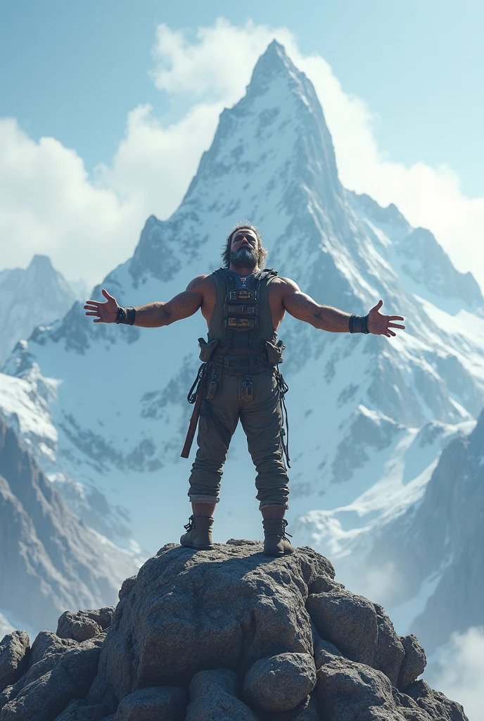 Make a black guy stand on top of a cold mountain with his arms out