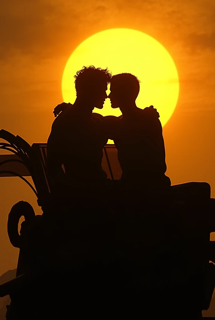 2 young gay men in love handsome beautiful white skin skinny soft skin cowboy with a sunflower in his hand in the sunflower field shirtless on top of a horse wanting to give a surprise by covering his eyes