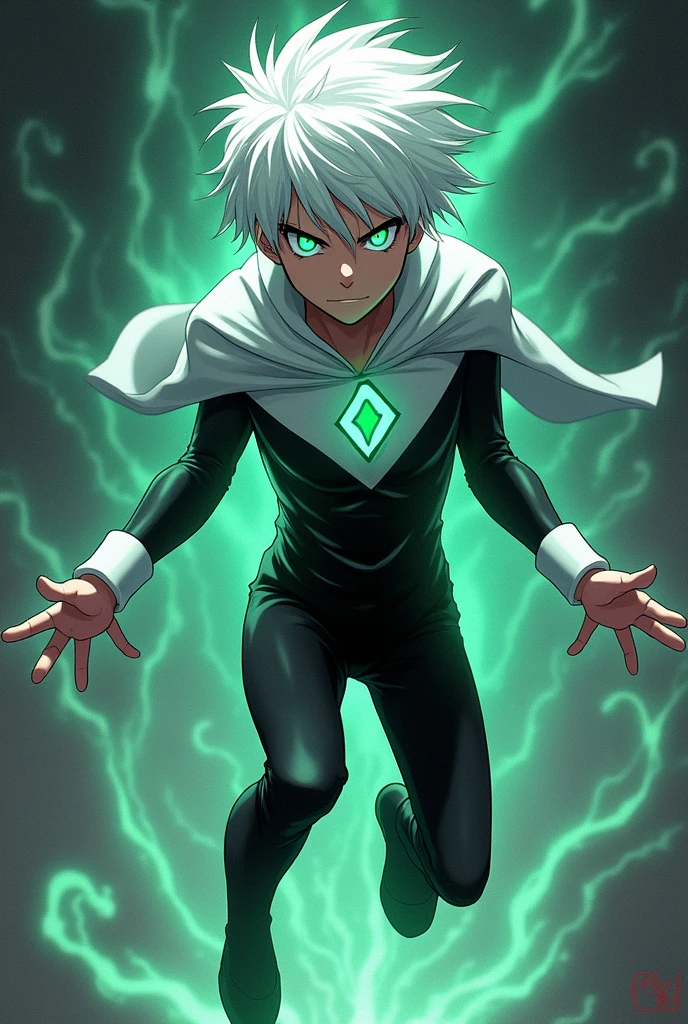 1male, white hair, messy hair, undercut hair, neon green eyes, super suit, cape, tattered clothing, serious expression