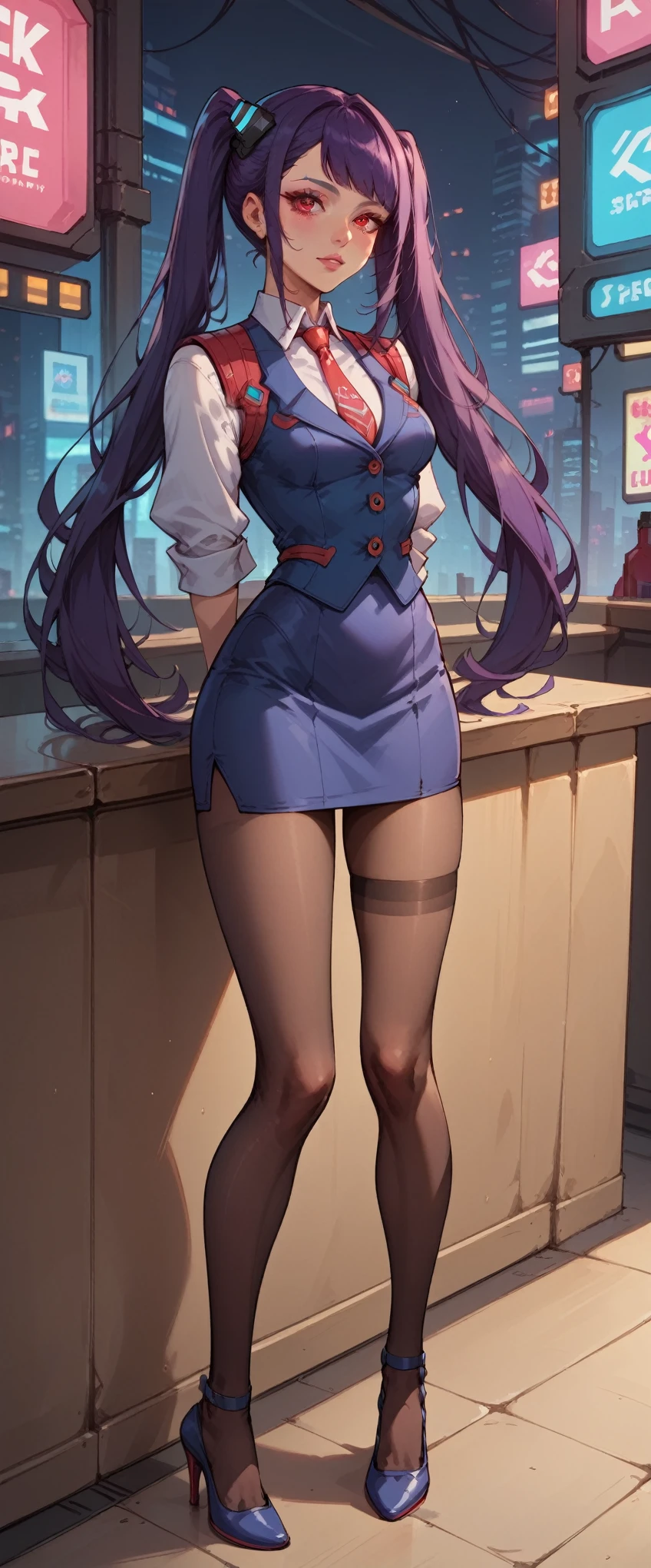 8k, arms behind back, slim figure, flat bust, Light blue eyelashes, high-heels, dark skirt, seductiv, Charming, red eyes, dark purple hair, jill stingray, necktie, pantyhose, skirt, vest, white shirt, cyberpunk styled bar, masterpiece, (SuperQuality:1.2), 2 long ponytails, Expressiveh