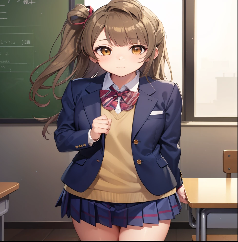 kotoriminami, Minami Kotori, brown hair, (brown eyes:1.5), one side up, hair Love, Love, by the wide,
Break Jacket, blue skirtjacket, otonokizaka school uniform, pleated skirt, school uniform, winter uniform,
Breaking the viewer&#39;s gaze,
REST indoors, classroom, 
BREAK (masterpiece:1.2), The best quality, High resolution, Unity 8k wallpaper, (illustration:0.8), (beautiful detailed eyes:1.6), extremely detailed face, perfect lighting, Extremely detailed CG, (perfect hands, Perfect anatomy),