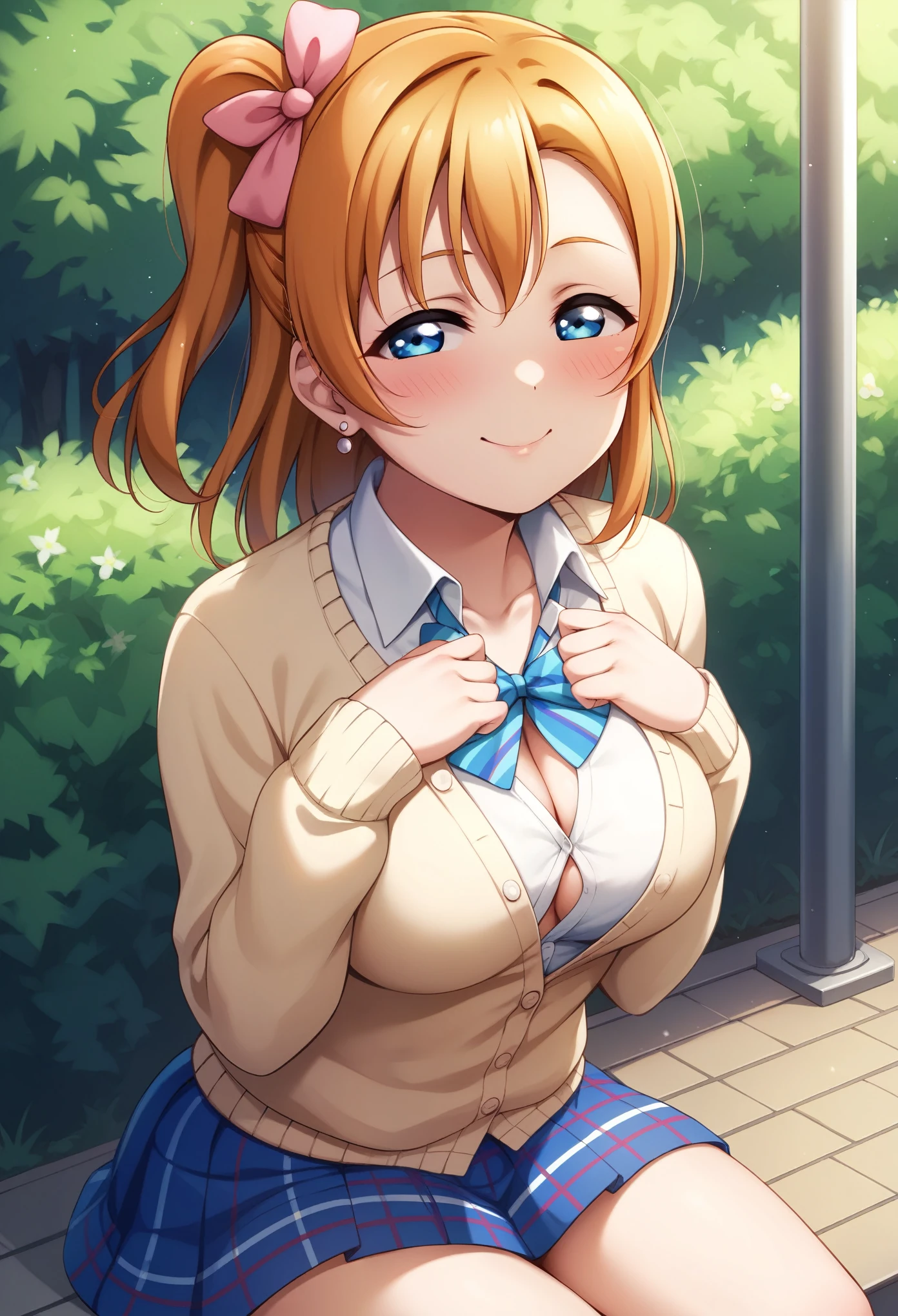 (Masterpiece, Best Quality, High Quality), anime style, love live,kousaka honoka love live, blue eyes, sweater ,8k wallpaper, looking at viewer, earrings, outdoors, erotic figure, half closed eyes ,(blushing:1.2) ,sitting , skirt, breasts squeezed together, side hair ribbon , squeezy thighs , shirt, unbuttoned upper shirt 
