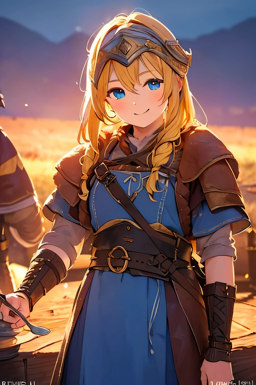 2 male and 1 female, viking people, female viking cooking dinner, pot on firewood, pot in beef and potato, standing stir wood spoon, another vikings eating beef and potato with wooden dish and spoon, Viking girl, century, Sweden Young girl, beautiful female , (Highly detailed face, Ordinary eyes, Blue eye, gold hair, Variegated eyes, Fuller lips, little Lips, big smile), (Middle breasts, Slender Whist, Middle Hip) ,(Viking costume, clothes, leather croak, leather wrist protect, Viking helmet), near log house, evening, night ,(masterpiece, highest quality, High resolution, Photo realistic, sharp, RAW Photos, wallpaper, perfection, Professional Lighting, Very detailed)