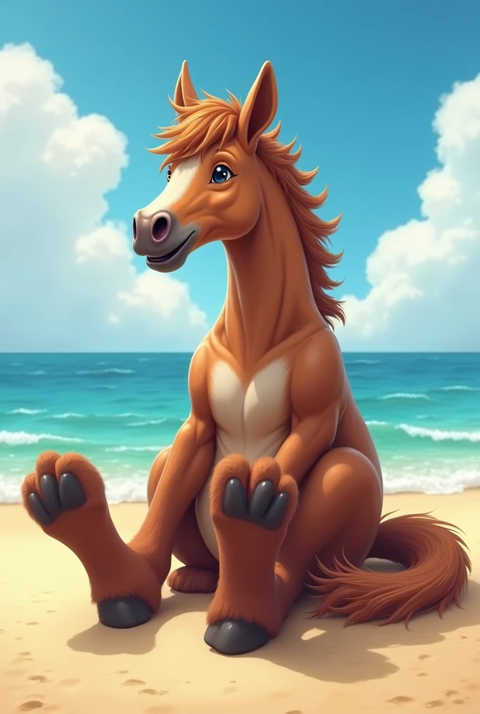 NSFW. (nude) (Nami, ((human)) large breasts, strip of pubic hair), full body, smiling, walking on a deserted beach beside (full body brown male horse with horse penis) on a deserted beach