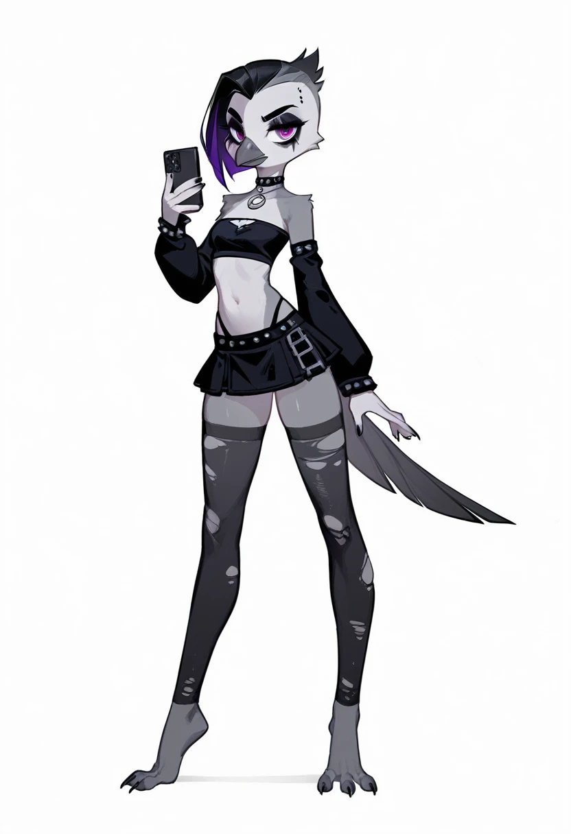 Score_9, score_8_up, score_7_up, flat colors,  an Anthro avian crow goth-girl, female, small grey beak, skinny and slender, small crow tail, grey body, standing, white background, purple eyes, short black emo hair, hands with five fingers, wearing skimpy goth tubetop, detached sleeves, ripped nylon stockings, choker, skimpy black mini-skirt, full body shot, goth makeup, sexy bird feet with three toes, looking at phone