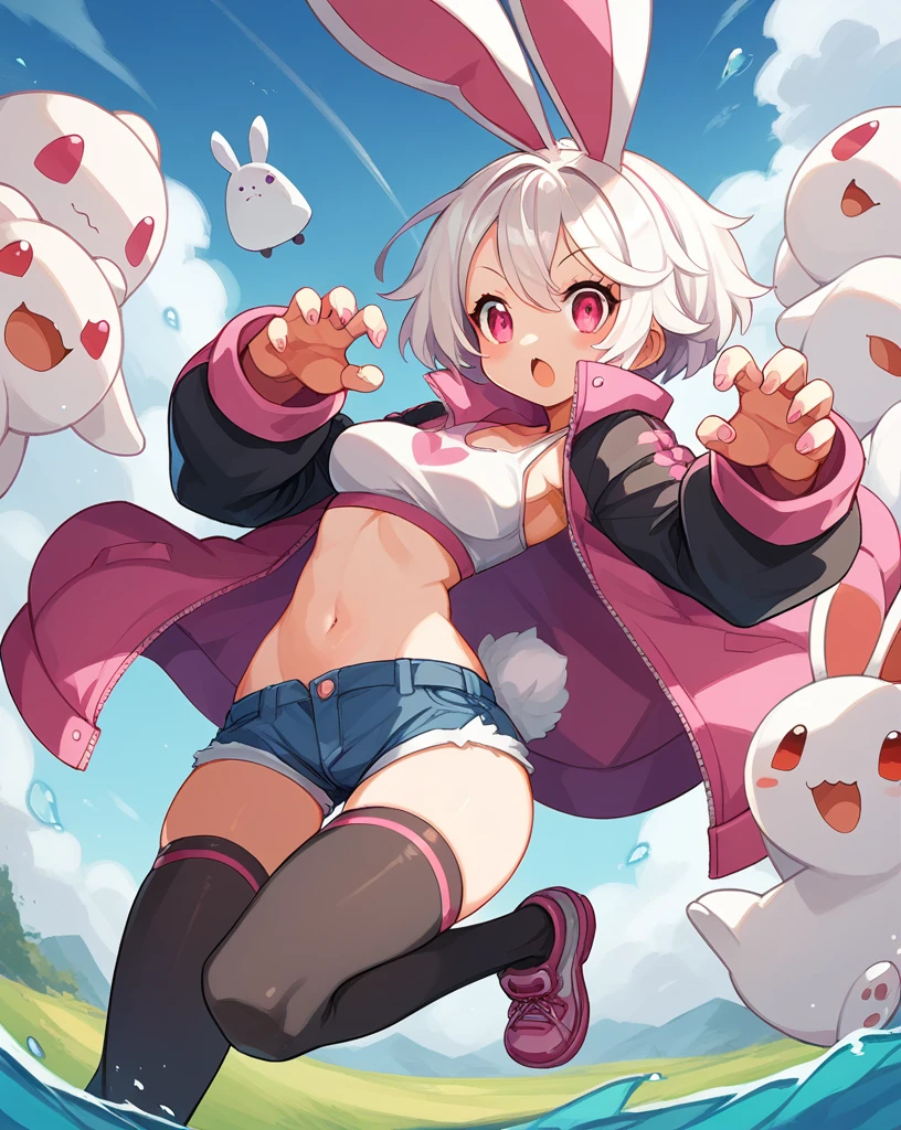 A cute cartoon animal，Cute white bunny, Warm colors predominate, Pink eyes, white hair, dynamic Pose, medium breasts, short shorts, white fit top only, big butt, thigh high black stockings 