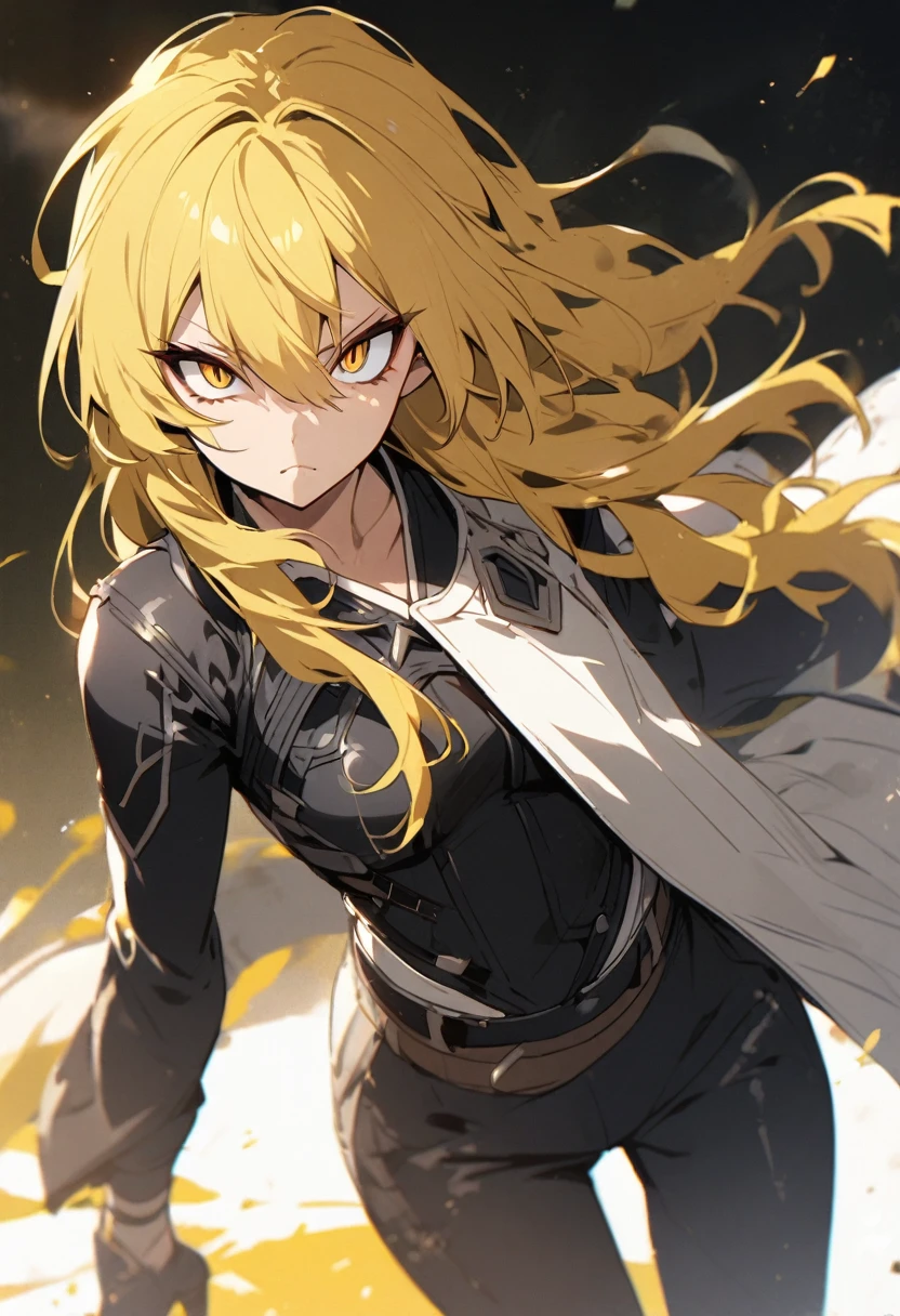 original character , 1girl, (crazy smile:1.2) , blonde hair , bangs , crazy eyes , hands on face , yellow blood splatter on face , yellow and black color scheme, open mouth, (wide-eyed:1.2), glowing eyes, left star shaped eye, star shaped eye, pink eyes, pink eyes