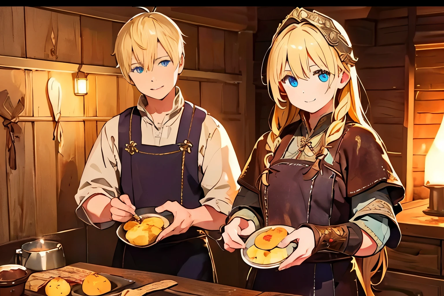 2 male and 1 female, viking people, female viking cooking dinner, pot on firewood, pot in beef and potato, standing stir wood spoon, another vikings eating beef and potato with wooden dish and spoon, Viking girl, century, Sweden Young girl, beautiful female , (Highly detailed face, Ordinary eyes, Blue eye, gold hair, Variegated eyes, Fuller lips, little Lips, big smile), (Middle breasts, Slender Whist, Middle Hip) ,(Viking costume, clothes, leather croak, leather wrist protect, Viking helmet), near log house, evening, night ,(masterpiece, highest quality, High resolution, Photo realistic, sharp, RAW Photos, wallpaper, perfection, Professional Lighting, Very detailed)