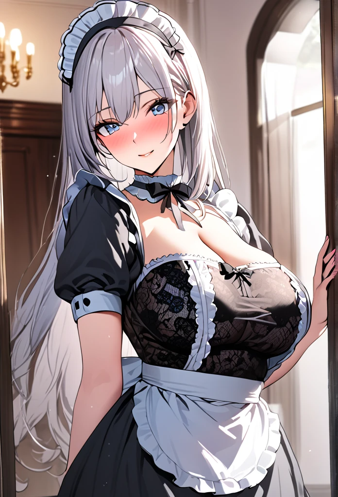 ((Highest quality)), ((masterpiece)), (detailed), (One girl), Sexy, height１６８Busty college student with a 100cm bust, A neat and beautiful woman, Black straight long hair, Mature Woman, Lift your skirt to show your underwear and bow, (((Classic maid outfit))), Black lace lingerie, Modest Bedroom, Entrance of the mansion