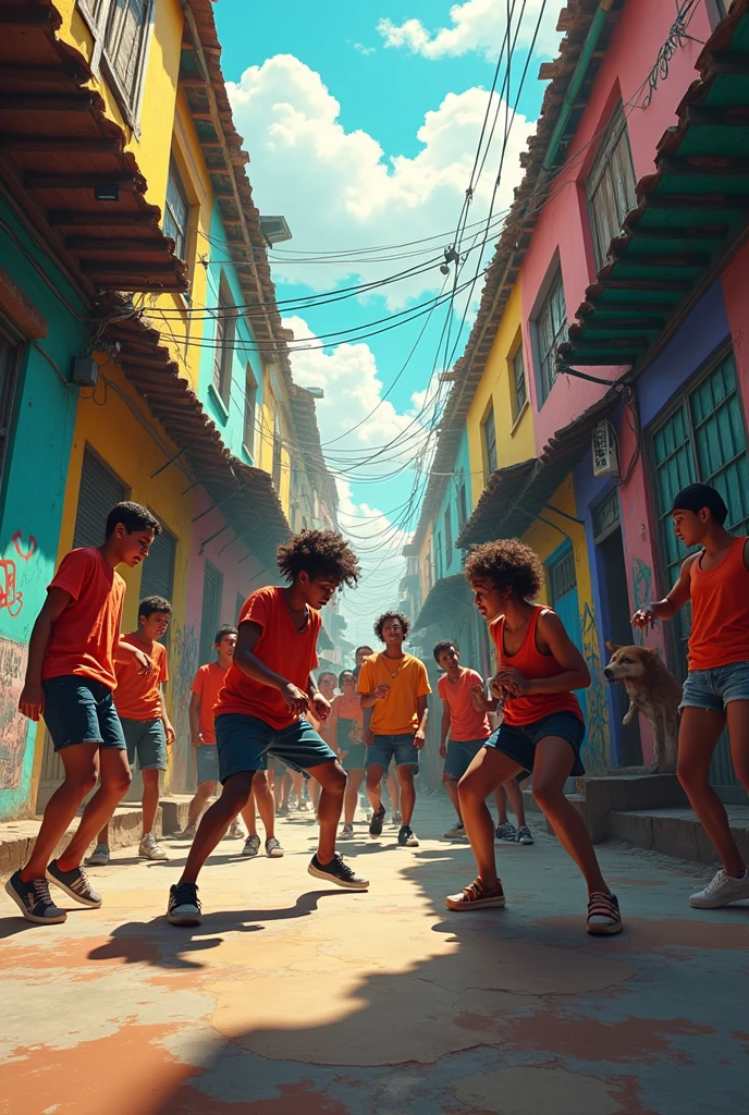 Create an image of Children playing ball in the street with improvised goals, like slippers or stones. In which we have adults in the background drinking beer and having an improvised barbecue. This image will serve as inspiration for a t-shirt print.. Don't forget that the idea is to represent Brazilian culture.. I want a very Brazilian style