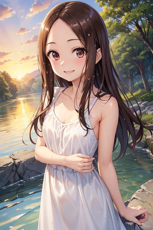 Takagi-san、Shiny brown hair, Long Hair,((Medium chest、Forehead、Center part))、 Beautiful brown eyes、smile、Sparkling eyes, (fine grain)、Very fine eye、Highly detailed face, Highly detailed eyes, Cowboy Shot、

A girl in a white dress is bathing in the river, Get wet, Have fun, No makeup, Rural landscape, sunset, I turn around