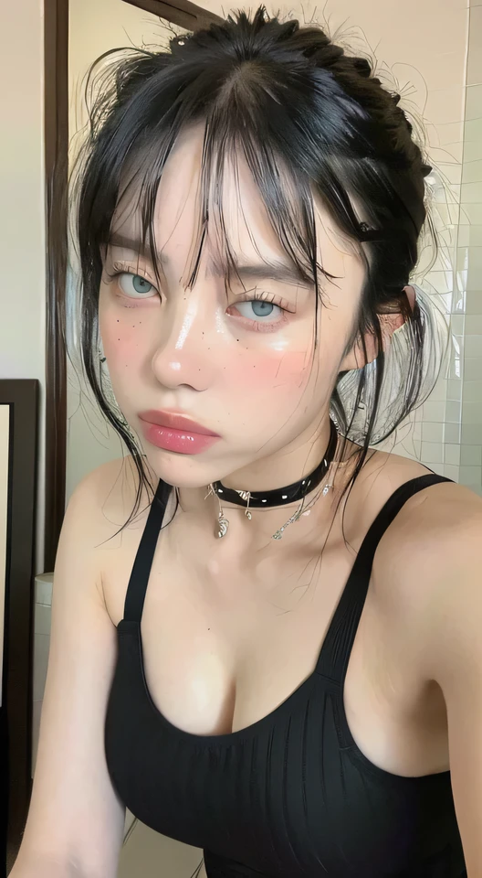 Portrait of a 19 year old girl, loose dark brown hair, dark brown eyes, she's pale, messy hair, simple clothes, 21st century, she's with a scowl, she's nude , she's horny, comic book art style