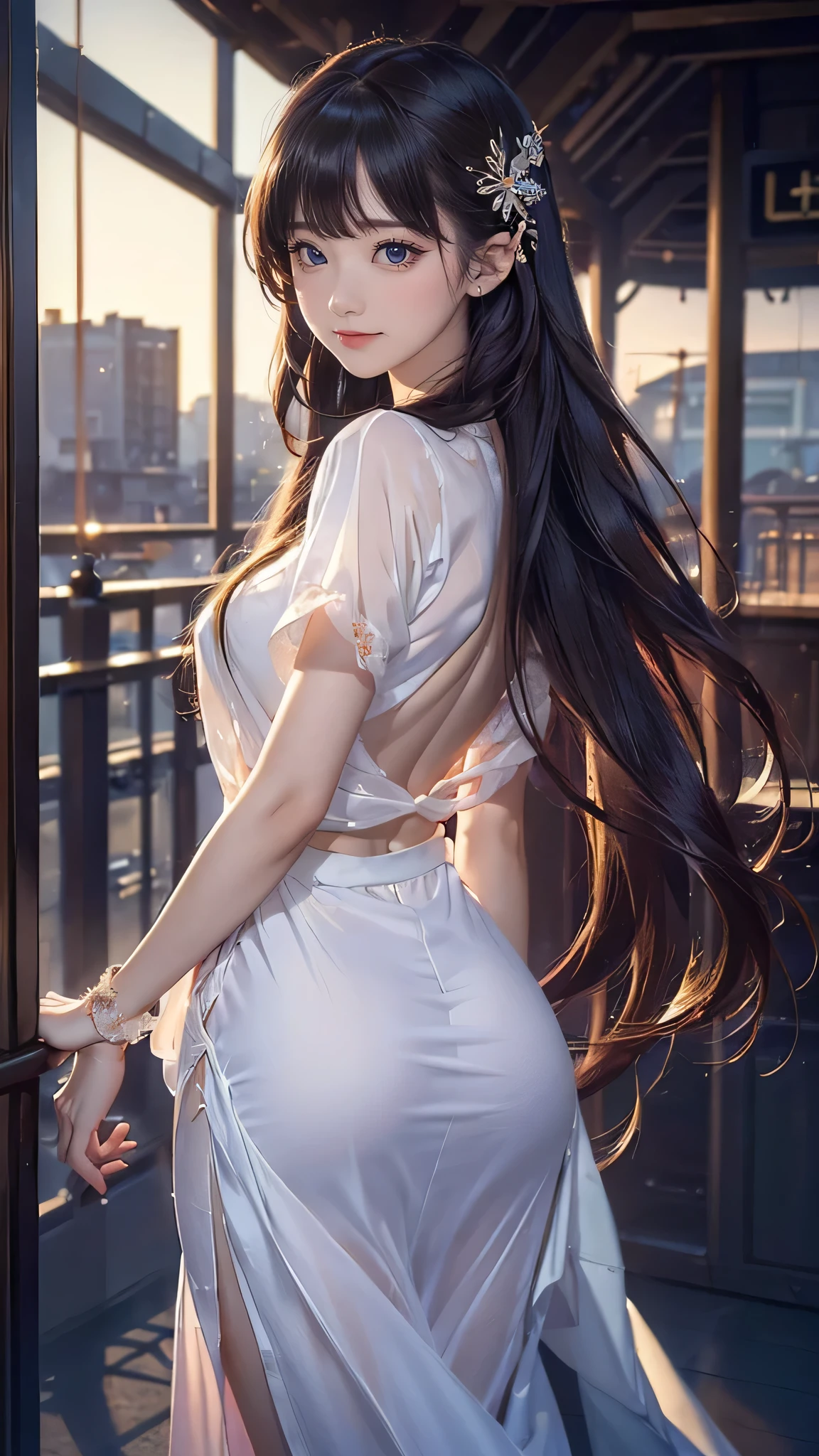 Anime girl in tuxedo suite, ankle high pants, high heels, red lipstick, hoop earrings, long pony tail hair, japanese style bangs cut. in skyscaper tower. Background- room's corner should be in middle, right side of background- luxury bet, beige mattress, gray wall white light. Left side of background- window, window outside scene- other skyscrapers, building e.g. time- night. Art style should be japnese anime- rascals does not dreem about bunny girl sempai, my dress up darling e.g.