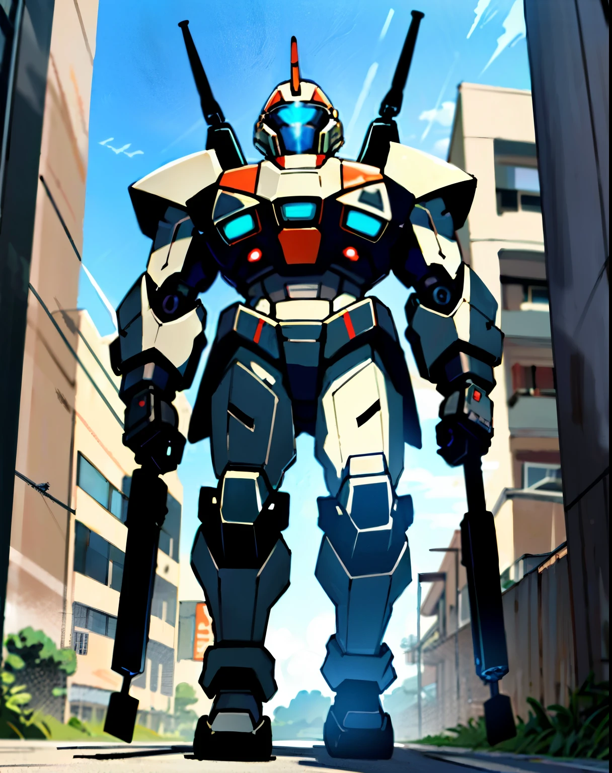 front、Full Body Shot,bipedal walking、war robot、military、camouflage、one aircraft、、 directly opposite、No roundness、mobile suit mass production model、 No horns、 Corinthian helmet