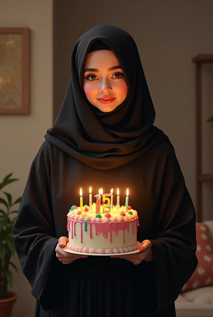 real potrait, full body, long shot, a 3-year-old girl wearing a hijab, Sit down, in front of him is a birthday cake, there are number candles "3", Behind there are birthday party accessories, festive atmosphere, charming bright colors 