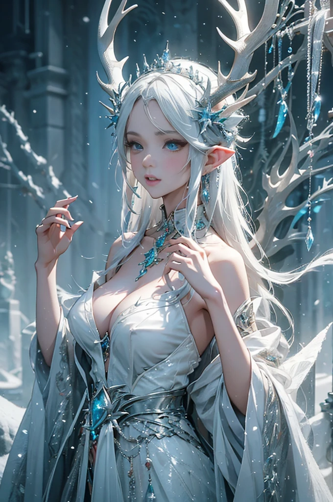 Beautiful alluring female snow elf, Pale Glowing Skin, silver crown with antlers, crown with deer horns, blue Lips, white fur cape, ornate clothes, silver jewellry, Bare Skin, Athletic Well Toned Body, Elegant Form, On An Altar at a snowy forest, Godrays, Gothic Theme, fiarytale theme, Beautiful D&D Character Portrait, Fiverr Dnd Character, Octane Render, Digital Art, Extreme Detail, 4k, Ultra Hd, Polished, Beautiful, Hyperdetailed, Intricate, Elaborate, Meticulous, Photorealistic, Sharp Focus, Wlop, Character Design, Unreal Engine, 3d Rendered, Volumetric Lighting, Reflections, Glossy, Digital Illustration,Sensual Pose, Suggestive Pose, Full Body Shot, Lewd, naked, visible nipples, puffy vagina, anatomically correct 💖❤💕💋❣