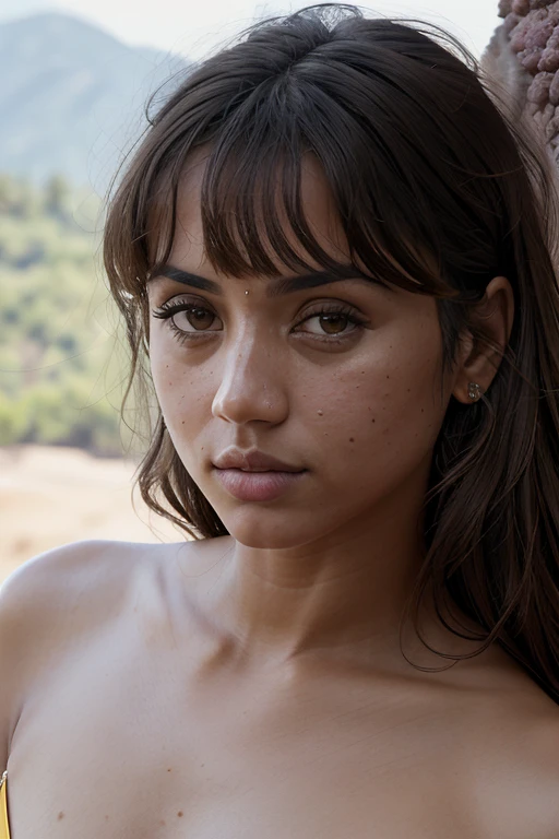 A stunning intricate color close up portrait of (sks woman:1) , wearing bikini, epic character composition, sharp focus, natural lighting, subsurface scattering, f2, 35mm, film grain, , by Ansel Adams, ((as tamil woman)), bedroom