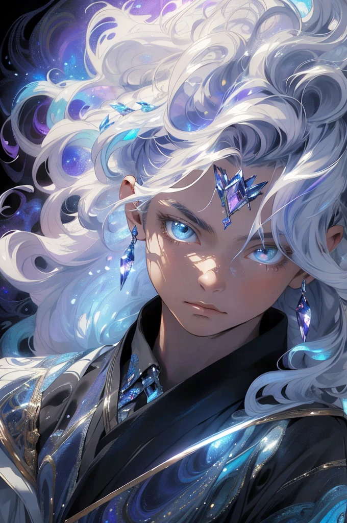 a boy, absurdres, highres, ultra detailed, grumpy lighting, quiet, calm, brightness, masterpiece, best quality, 15 year old boy, ultra detailed clothes, dark fantasy movie of the 90s still, white hair, big hair, straight hair, combed hair, white eyes, ultra detailed eyes, white skin, light effects, chromatic effect, bioluminescence, ultra detailed scenery, chaotic background,