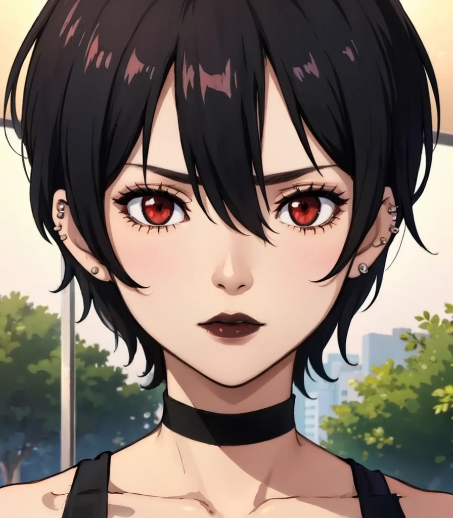 1girl, red eyes, black hair, very short hair, black choker, tank top, black lipstick, earpiercings, face helper