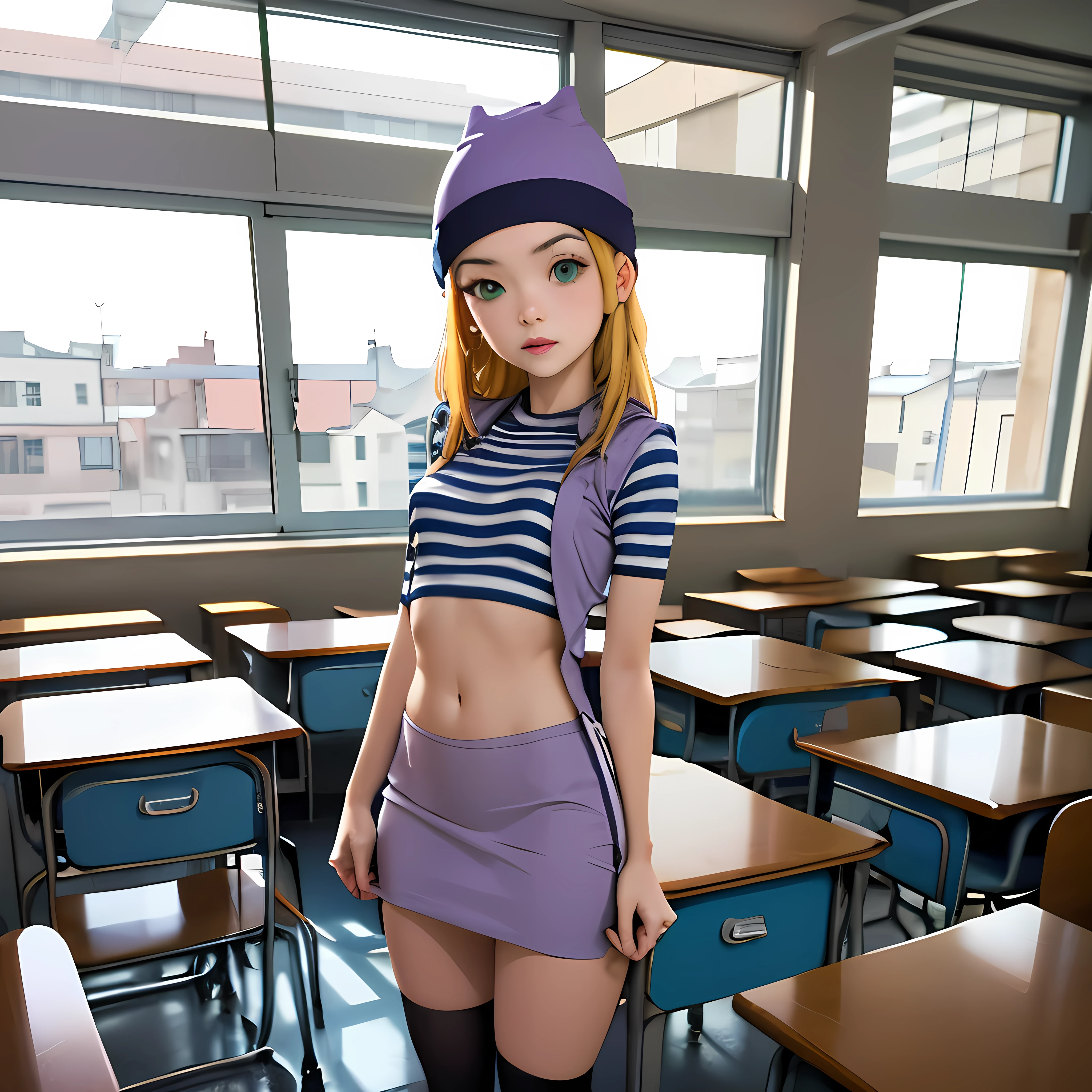 (masterpiece, best quality), 1girl, izumi Orimoto, indoors, classroom, green eyes, blonde hair, long hair, purple beanie, purple vest, purple miniskirt, blue white striped shirt, long purple socks, purple vest, striped shirt, navel shirt, medium  size breast. skirt lifting