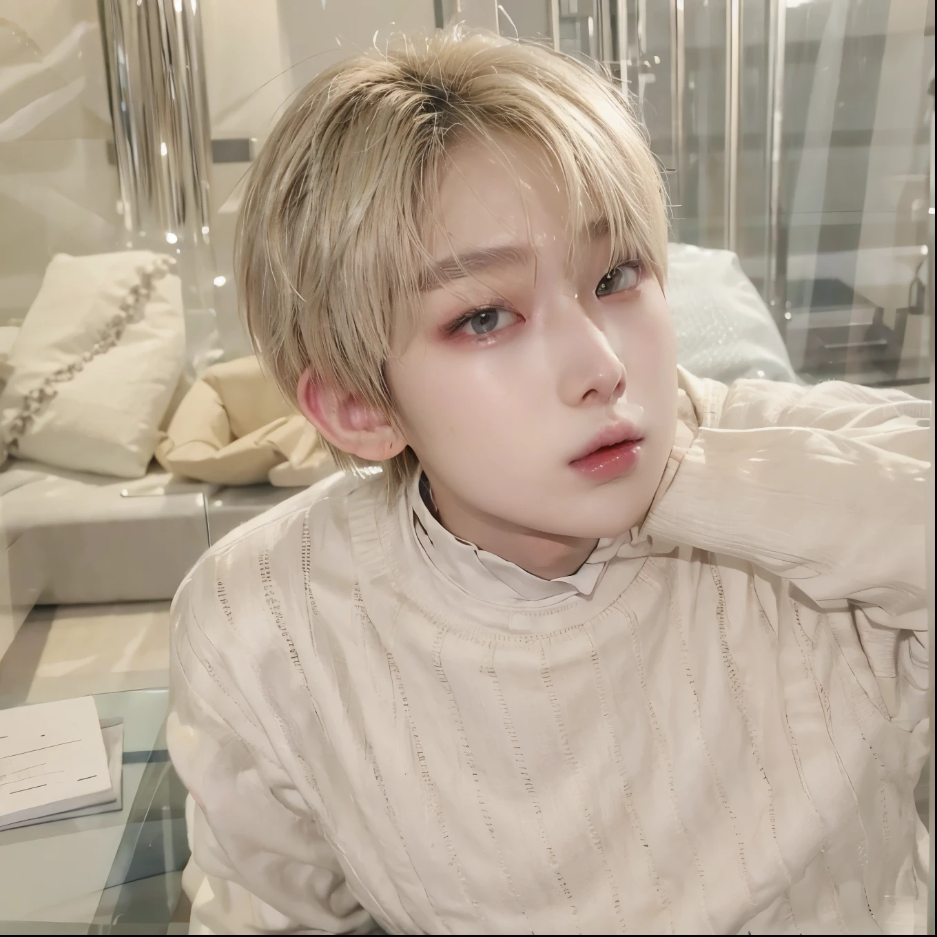 Garoto Korean, light blonde hair, Beautiful face, Asian, Korean, idol kpop, slanted eyes, Delicate, light eyes, small eyes, light skin, blue eyes, striking look 