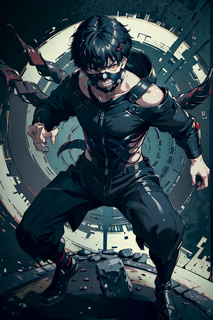 1boy, 8k, anime, portrait, best quality, ultra high res, ultra detailed, black and high constrast color tone, extremely detailed lighting, cinematic lighting, soft lights, (masterpiece, high quality:1.4), (kaneki ken, black hair, white hair, red and black eye, mask | teeth, blood eyes, black clothes, scorpio tentacles),  blood, ((full body)), (dynamic pose), black background, thrilling, (fierce face) detailed body, detailed face