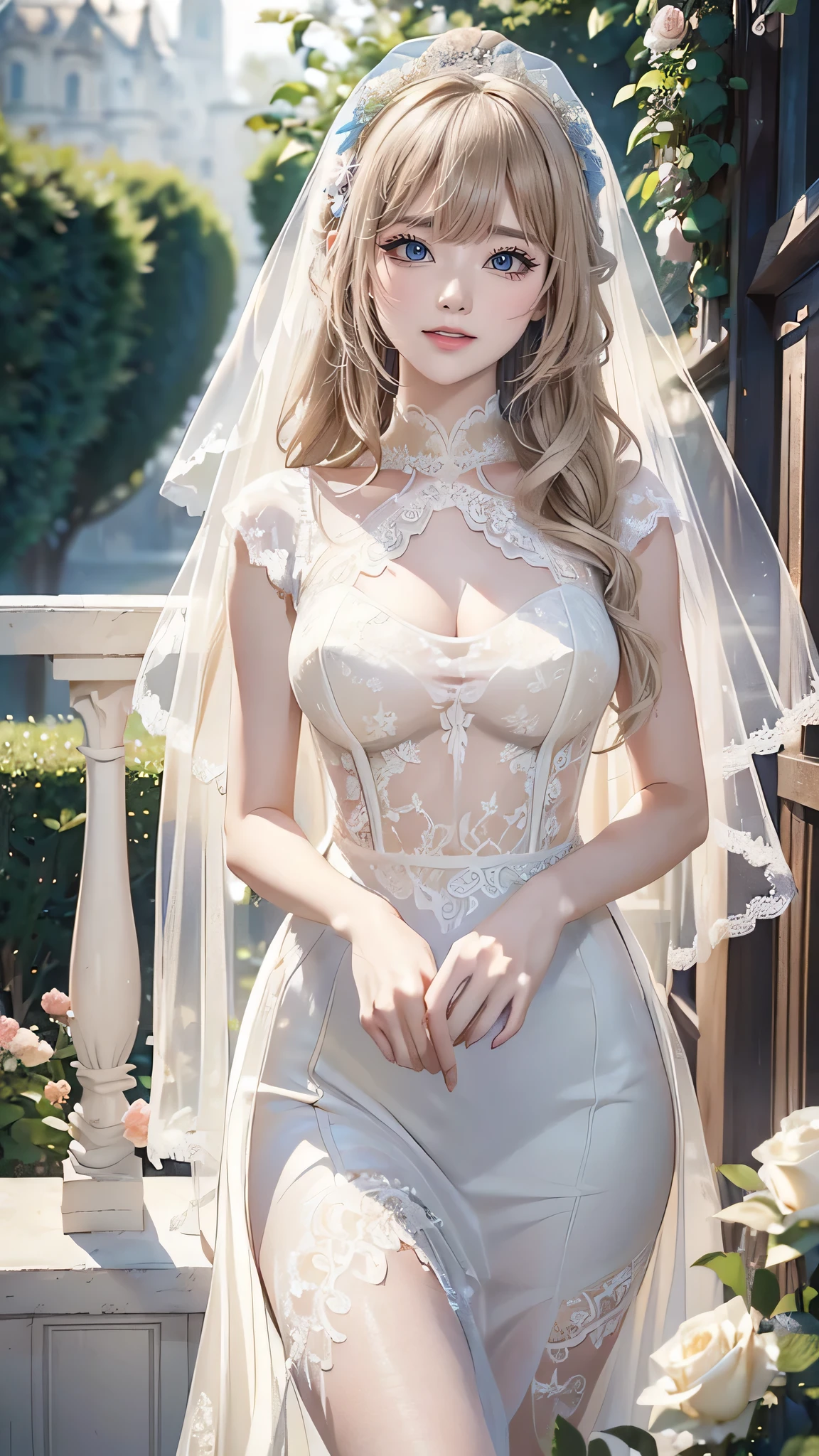 (masterpiece, best quality, beautiful and aesthetic:1.3), looking at viewer, 1girl, solo, light smile, (makeup, long hair, light beige hair, blue eyes:1.2), Octane Render, bridal veil, lace-trimmed dress, see-through, wedding dress, outdoors, white roses, garden, morning, standing, extreme detailed, 