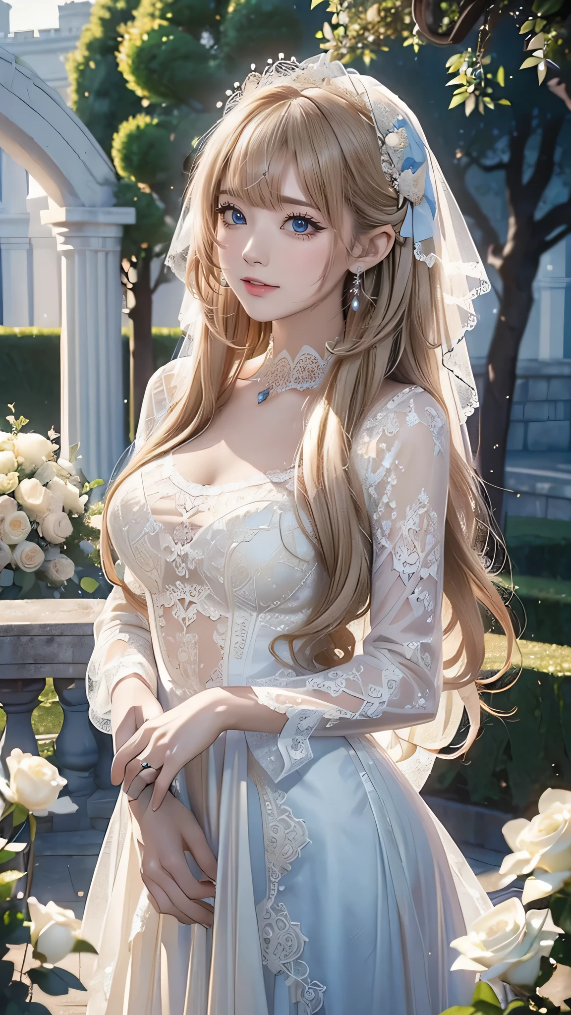 (masterpiece, best quality, beautiful and aesthetic:1.3), looking at viewer, 1girl, solo, light smile, (makeup, long hair, light beige hair, blue eyes:1.2), Octane Render, bridal veil, lace-trimmed dress, see-through, wedding dress, outdoors, white roses, garden, morning, standing, extreme detailed, 
