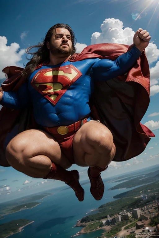 Realistic, ((Full body photo)),Handsome face, male old idade 62,(( (best quality,ultra-detailed),realistic,studio lighting,photography,(chubby,plump) men with (big,fat) guts, hair and beard,🍀Only plump, chubby, extremely thick thighs, large belly, fat, (((highest quality))),masterpiece,1 male,((old daddy Chubby man, 58 years old)),((barbudo grande )),detailed face,stylized modern,(modern animated movie poster)),(superhero invincible),Geometric pattern,very delicate,movie poster_white frame, broad downtown city, open city sidewalk, (average body normal skrawny frame),(averageblack hair), (generic costume), ((friendly good guy smile) downtown daytime,overlay,SF,A scene from a marvel movie,tattoo,American comic book style (invincible superhero)) ((friendly facial expression)) ((Flying in the sky )).
((((looking at the watcher))))
