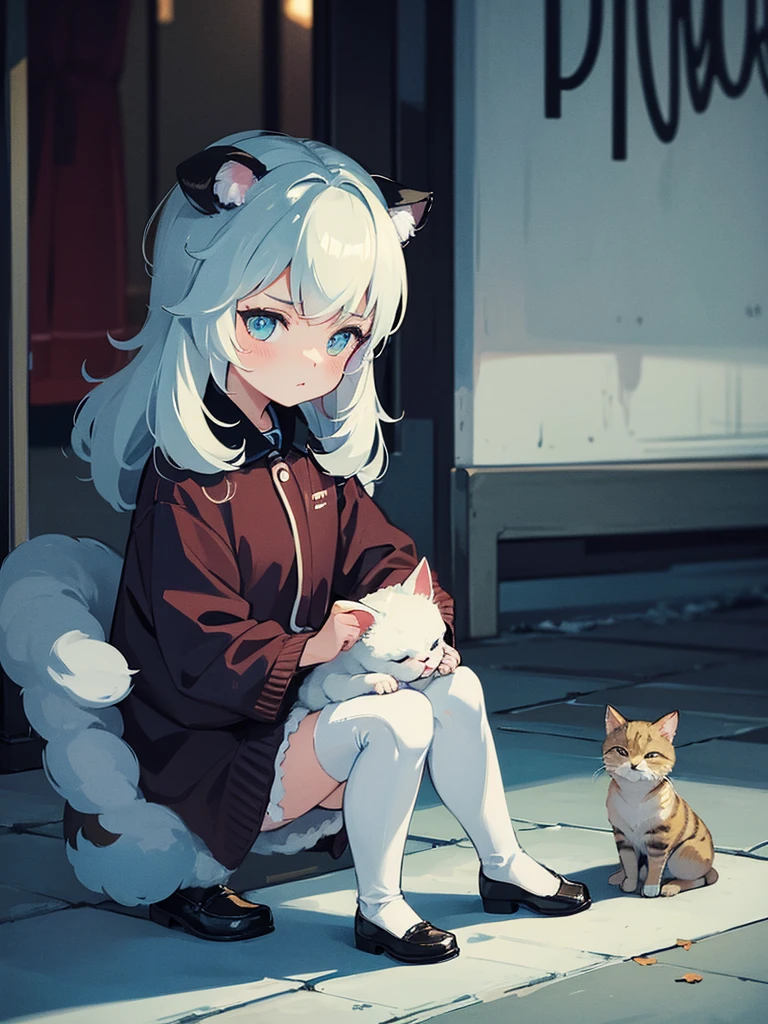 Anime girl sitting in front of a building, anime style 4 k, A, Very Beautiful Anime Cat Girl ,Anime 4K, Anime art wallpaper 8k,Anime girl with cat ears,Buildings and cliffs eroded by vegetation,Background Main,arknights、made in abyss、Chinese style illustration、Fantasia、detailed digital art、Beautiful、detailed portrait of an anime girl、hi-school girl、military outfits、a sailor suit