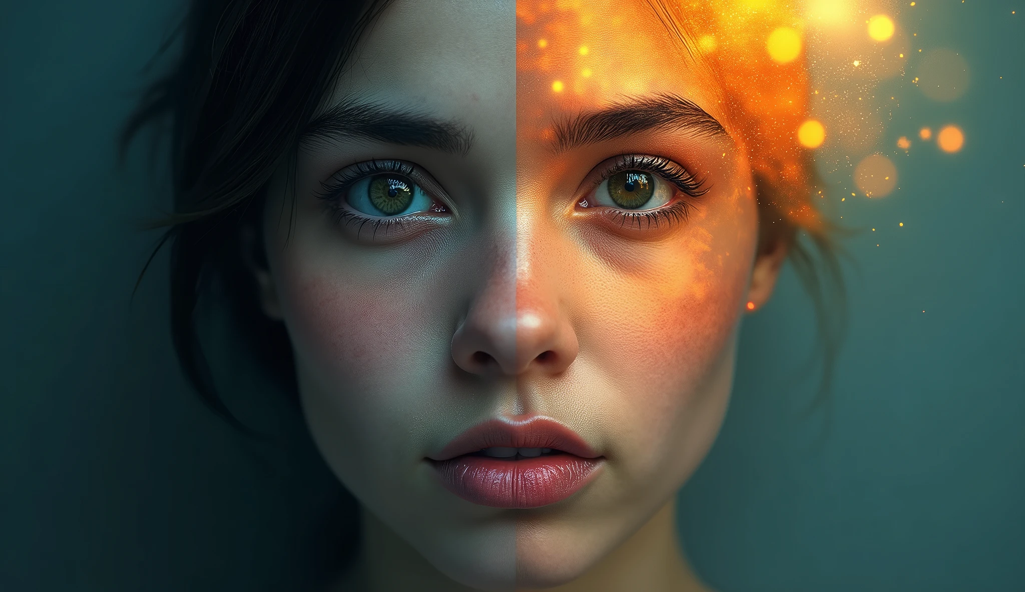 The Face of Creation and Destruction: In an eternal cycle, a face creates and destroys, one eye shedding tears that become worlds of beauty and light, the other crying flames that incinerate and consume, representing the dual forces of creation and destruction. Settings: Ultra-detailed 3D art, Octane Render, 'kimoxko' 32K UHD