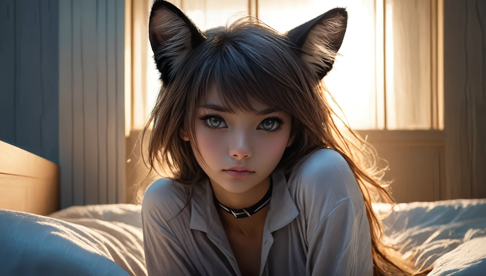 8k, super detail, best quality, UHD, textured skin, ((((barely girl, with cat ears and choker, in an oversized thin shiny low-cut shirt with plunging cleavage, wide neckline, small perky breasts, beautiful detailed half-closed cat eyes, beautiful detailed lips, small pout mouth, extremely detailed face, tanned skin, random long hairstyle, small hips, standing next to a bed, fear on the face)))), moody atmosphere, dramatic and random colors, futuristic setting, intricate details, night, backlight, full body shot, wide shot, atmospheric perspective, view from a distance, random pose