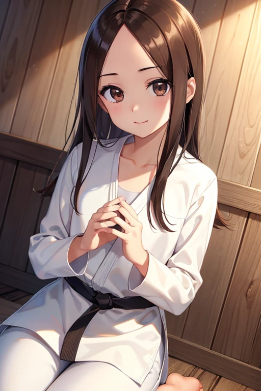 takagi-san、Shiny brown hair, Long Hair,((Medium chest、amount、Center Part:1.2))、 Beautiful brown eyes、smile、Shining Eyes, (fine grain)、Very beautiful eyes、Very detailed顔, Detailed eyes, Cowboy Shot,




((masterpiece, Best Quality, Very detailed, Very nice 8K CG wallpaper)), 
One girl, Alone, , Uniform, Long sleeve, Martial arts belt, White pants, barefoot, , Sitting, seiza, Nice hands, Perfect hands,