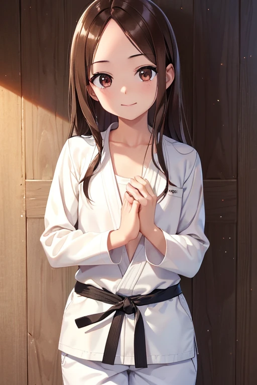 takagi-san、Shiny brown hair, Long Hair,((Medium chest、amount、Center Part:1.2))、 Beautiful brown eyes、smile、Shining Eyes, (fine grain)、Very beautiful eyes、Very detailed顔, Detailed eyes, Cowboy Shot,




((masterpiece, Best Quality, Very detailed, Very nice 8K CG wallpaper)), 
One girl, Alone, , Uniform, Long sleeve, Martial arts belt, White pants, barefoot, , Standing, Nice hands, Perfect hands,