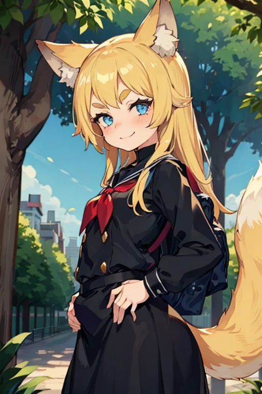 Young girl with blonde hair, very long hair, (blue eyes), ((small bushy eyebrows)), (raised wolf ears), fluffy fox tail, wearing gothic ****ta clothing, ****con, going to school, dull eyes, dull face, going to school, flirtatious smile, small perky breasts, in a park, wide hips, ready to have sex