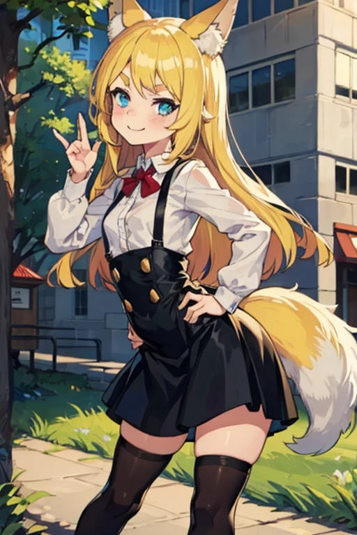 Young girl with blonde hair, very long hair, (blue eyes), ((small bushy eyebrows)), (raised wolf ears), fluffy fox tail, wearing gothic lolita clothing, lolicon, going to school, dull eyes, dull face, going to school, flirtatious smile, small perky breasts, in a park, wide hips, ready to have sex