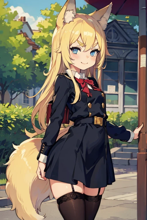 Young girl with blonde hair, very long hair, (blue eyes), ((small bushy eyebrows)), (raised wolf ears), fluffy fox tail, wearing gothic lolita clothing, lolicon, going to school, dull eyes, dull face, going to school, flirtatious smile, small perky breasts, in a park, wide hips, ready to have sex