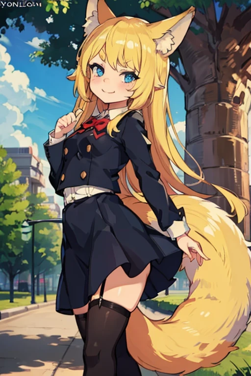 Young girl with blonde hair, very long hair, (blue eyes), ((small bushy eyebrows)), (raised wolf ears), fluffy fox tail, wearing gothic ****ta clothing, ****con, going to school, dull eyes, dull face, going to school, flirtatious smile, small perky breasts, in a park, wide hips, ready to have sex