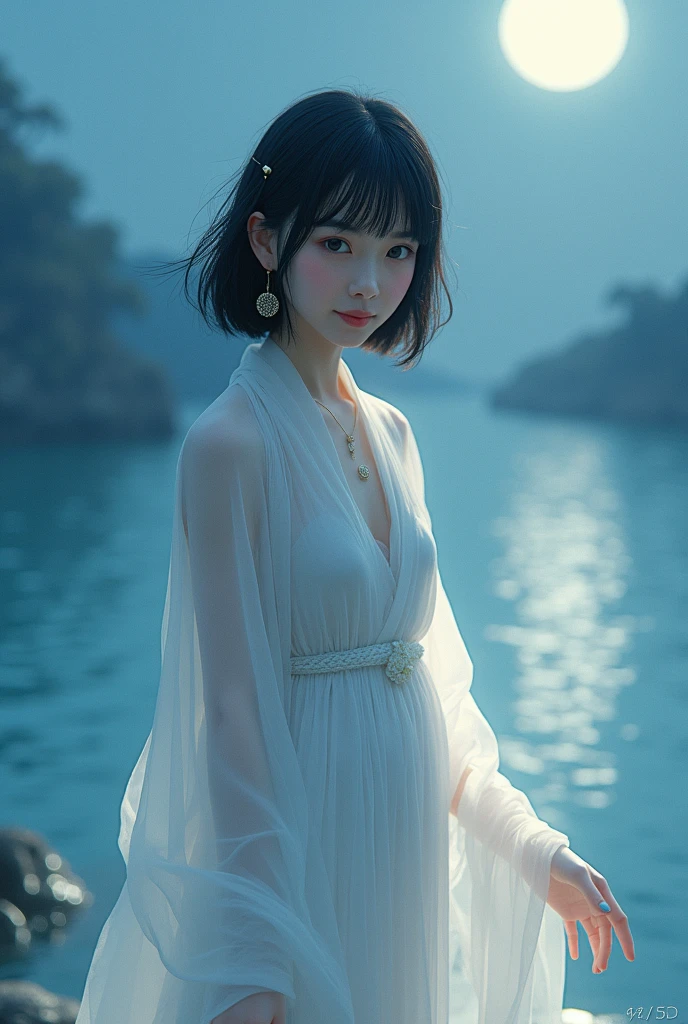 A plump, fair-skinned Asian woman with short hair, naked, wearing a thin coat by the sea.