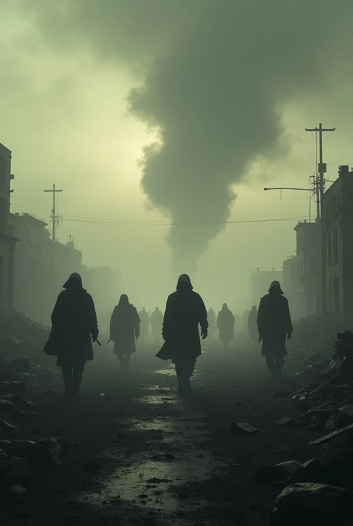 the bride with big tits, amazing titis, biggests tits ever, is surrounded by a group of gas masks, in the style of dark and moody landscapes, wimmelbilder, nuclear art, flickr, apocalypse landscape, associated press photo, militaristic realism
