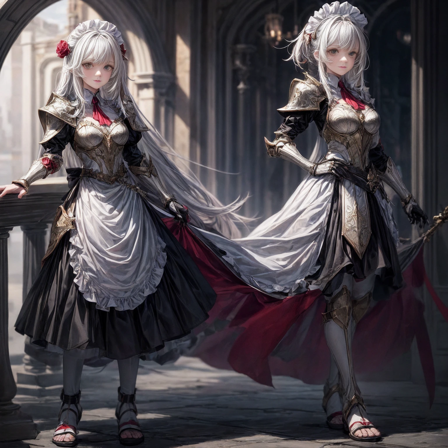 Female, standing straight symmetrical, long_hair, messy_hair, white_hair, maid with armor, metal sandals